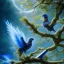 Placeholder: a detailed illustration of a black and blue phoenix sitting on a branch of a tree, phoenix bird wallpaper, luminescent body, glinting wings, full body, symmetrical body, realistic, glowing wings, sharp focus, meticulously detailed, soft evening sky, 64k