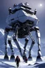 Placeholder: a sleek mechanical walker with eight legs scaling a very steep snow covered side of mout everest at night, it has a smooth surface, it has storage pods on its belly and humans can fit in the pods