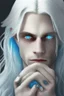 Placeholder: Realistic young man, long white hair covering one eye, blue eye, has rings on his hand, pale skin, slim bit fit