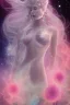 Placeholder: Create an image of a full body cosmic Goddess. The goddess should be depicted as a beautiful and powerful figure, surrounded by cosmic stars. Her hair should be long, blond and flowing, and she should be dressed in a flowing gown blue celestial robe. In the background, include imagery of pink flowers, blue sky,trees. The image should evoke a sense of joy, celebration, and spiritual connection to nature.