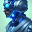 Placeholder: A beautiful portrait of a cute cyborg man blue color scheme, high key lighting, volumetric light high details with white stripes and indian paterns and wimgs psychedelic background