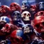 Placeholder: a picture of a dark, comedic, anatomically correct wall of red white and blue tightly packed stacked cyborg skulls of varying sizes and expressions, photo realistic, insanely meticulous, highly detailed, part of a collection of bones on display, 64k, dystopian, vray