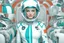 Placeholder: woman from space, blonde, blue eyes, top model, turquoise and white suit cybord, helmet turquoise and white, beautiful smiling