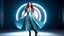 Placeholder: a pretty stage made of metallic cyan-gray teme 3d recursive cubic and sphere base structures, a beautiful fashion model lady posing with joy and cute ,with pretty pleated midi skirt ,makeup curvy long hair, nice long boots ,dynamic camera zoom to full body and pan, dynamic lights.