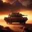 Placeholder: volumetric dramatic desert Battle scene with futuristic hovering military armored Hovercraft tank painted by chris foss, floating, 4k, 8k, Minutiae, highly detailed, rivets, oennant, hovering, stripes, sunset [duststorm, nimbus clouds]