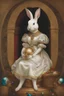 Placeholder: White rabbit cub nested, domindo, on the lap of the goddess, over shiny silk dress with precious stones