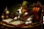 Placeholder: High resolution, brilliant color, steampunk dog, sitting reading a book.