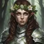 Placeholder: Generate a dungeons and dragons character portrait of a female forest elf cleric of death with beautiful brown hair and green eyes. She looks very gloomy and threatening. She wears a silverplate armor and a flower crown