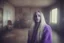 Placeholder: singer billie eilish without a face, , hippie girl, purple fur, in a liminal empty room, old autochrome