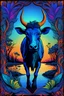 Placeholder: a blue wildebeest, 3D embossed textured ethereal image; midnight hues, extreme colors, a blue wildebeest by a river; trippin', psychedelic, groovy, art nouveau; indica, sativa, leaves, gig poster art, macabre, eldritch, bizarre, extreme neon colors, mixed media, velvet, blacklight, uv