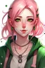 Placeholder: Realistic Anime art style She is a college girl. She has a somewhat tall stature and her build would best be described as thin. She has pale skin and green eyes, and her mid-back length candy floss pink hair is in pigtails. Her eyes are marked with black eyeliner. Her left nostril is pierced with a large rose gold stud. She is wearing a pink and indigo plaid overshirt, a loose green t-shirt, a yellow and navy blue plaid skirt, and black sneakers.