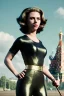 Placeholder: retro portrait image from 1960, Moscow background, wind, long hair, fighting stance, sweet young Scarlett Johansson, classic black tight lycra suit, metal stick weapon, gold bracelet and belt, high heel boots, soft color, highly detailed, unreal engine 5, ray tracing, RTX, lumen lighting, ultra detail, volumetric lighting, 3d, finely drawn, high definition, high resolution.