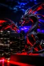 Placeholder: black dragon and red dragon facing each other on top of a high rise building at night