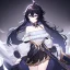 Placeholder: Clear focus, High resolution, rough line sketch art, long black hair, hair between eyes, fluffy hair, purple eyes, wearing a off shoulder shirt, no spaghetti strapes, dark aura, 1girl, wearing a skirt, genshin impact, genshin impact style outfit, (detailed outfit), (Lots of ribbons and flowers on outfit)