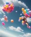 Placeholder: Ultra realistic speed clouds sky scene, wide angle view, sweet women falling down, inflatable color clothing, free jumping flying, many trinkets, hair monster. Clouds sea, many jelly beans, balls, color smoke, smile, happy, circus style, extreme, wind, 20,000 feet altitude, stratosphere, soft color, highly detailed, unreal engine 5, ray tracing, RTX, lumen lighting, ultra detail, volumetric lighting, 3d, finely drawn, high definition, high resolution.