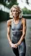 Placeholder: photography of a beautiful anorexic woman, grey satin triathlon top, sports illustrated, blond short wavy bob haircut, pronounced sternum, flat chest, anthracite cycling leggins