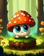 Placeholder: A cute mushroom is sitting on a tree stump in the forest, It has big, glassy eyes that are sad and full of sorrow, Its body is brown, and its hat is white with black dots, The background is a forest with trees, bushes, and flowers, Use bright and vibrant colors to create a fun and cute effect, Add simple patterns and shapes to create an easy-to-color image,Use cute and creative details to add personality