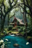 Placeholder: fabulous big magical beautiful a camp house among relict trees, tropical forest in some places covered with ivy, beautiful white roses, around blue beautiful river fantasy, photo