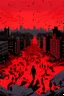 Placeholder: a big City, red and black figure appears in the sky with many dead children on the ground