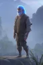 Placeholder: 3D render of a cyberpunk tribal old man, gray hair and goatee, on a dark blue jungle background, digital art