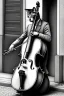 Placeholder: One single mature cat playing contrabass on the street, Vienna, thoughtful, mourning, model style, hyper realistic, extremely accurate, delicate, extremely detailed, Graphic novel style, wide-angle, open aperture, superfine pencil