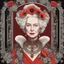 Placeholder: Abstract art style in hand drawn portrait elder Queen Elizabeth in her iconic matching suit and jacket , storybook art style drawing, fantastic and almost magical, timeless, pearl necklace, elegant, highly detailed and realistic. Royal portrait style, red poppies grow around her like an art nouveau frame, opulant and elegant, illuminating, chiaroscuro lighting, art nouveau details and ornamental frame