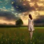 Placeholder: woman standing in flower field, sunset, short brown hair, back view, green dress, windy, sunshine