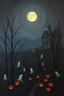 Placeholder: Halloween night landscape painting, darkened forest under a moonlit sky, ghosts and jack-o-lanterns glowing among the bare trees, an abandoned house on a distant hill, hints of mystery and the supernatural in the shadows --v 5.2