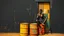 Placeholder: minimalist acrylic impasto painting of two skinny tall young black Somali neighbors sitting on rusty oil barrels drinking steaming coffee, wide angle, dynamic crude brush strokes, dusty yellow heat mood, peaceful vibe, tribal vibe, amazing reflections, amazing verticals, great parallels, warm shades of yellow, orange, green and black with sparse deep red leaks, afrofuturism, vibrant nighthawk people on a black wall, rusty village decay, arafed doors