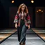 Placeholder: A full-body shot of a beautiful lady wearing azeri folk jacket and pants , curvy hair walking on a nice stage and looking at the camera