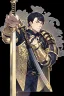 Placeholder: A handsome 30 year old knight, black hair, male bob haircut, in black-and-gold plate armor, golden katana in both hands, no beard, european, proper arms