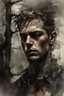 Placeholder: man is a rock made of stones taller than trees, vivid emotions, watercolor, photorealism, dark fantasy, bad weather, gloomy day, dark world, sketch art, fine lines, grunge, sensual, darkness, by Raymond Swanland & Alyssa Monks & Anna Razumovskaya