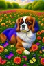 Placeholder: King charles cavalier in a field of flowers with butterflies realistic