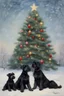 Placeholder: make a picture of a Christmas tree and three black schnauzer dogs. in approximately the same size by Monet