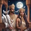 Placeholder: Hyper Realistic beautiful handsome Indian king & Queen on the balcony of an Indian palace at moon night with white pigeons flying