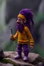 Placeholder: a full body picture of a 1 meter tall deep gnome with wild purple dread locks, holding a needle in one of his hands, wearing a yellow knit sweater