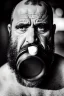 Placeholder: close up photography, dirty burly chubby Italian strong 48 years old homeless man, spitting milk from open mouth, dripping on the beard, with dirty tank top, emotional eyes, manly chest, photo, Canon EOS, lens 35mm, natural lights, 8K, in the morning