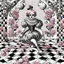 Placeholder: Storybook illustration of a Pierrot Clown, black and white with pink accents, Beardsely style, art nouveau elements, vintage drawing, pierrot vintage, black and white marble floor