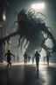 Placeholder: people running in fear from an eldritch monster,cinematic lighting,ray tracing