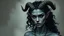Placeholder: Grey skinned tiefling woman black curly hair goat horns