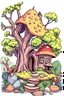 Placeholder: outline art for square twisted old oak tree mushroom cottage full vivid colored page for kids, classic manga style, anime style, realistic modern cartoon style, full color background, sketch style, only use outline, clean line art, no shadows, clear and well outlined