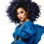 Placeholder: A stunning green eyed woman with curly black updo with purple, thick, teal and turquoise highlights and long eyelashes.Blue flowing dress model type, beautiful pose, large format, white background. She wears a wide belt around the waist, black boots on her feet, head not shaved, Harper's BAZAAR style, airbrush oil painting.