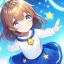 Placeholder: Clear focus, High resolution, A anime kid, cute, rough line skecth, star around kid, sparkling eyes, medium fluffy brown hair, blue sparkling eyes, 1girl (solo), wearing a blue snow cloak and a white shirt, yellow stars on skirt, blue skirt, star in hair yellow, (((praying)))