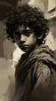 Placeholder: a Palestinian poor boy with curly hair, tears on eyes, holding olive branch, in keffiyeh, torn old dirty clothes, ruined city with flying ash and dust background, art by Wadim Kashin, James Gurney, Alphonse Mucha, Louis Royo, Alberto Seveso, Jeremy Mann and Russ Mills, black and white art, newclassim