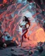Placeholder: make a picture pretty cave made of crystal and metallic 3d fractal recursive cubic and sphere base structures and a beautiful fashion model lady with cute,curvy long hair,makeup, in pretty sports suit is running inside cave ,dynamic camera fallow her inside cave capturing full body, dynamic lights.
