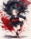 Placeholder: Petit girl goth, run pose, fullbody, splashes blood, behind guts rising from the ground, watercolor illustration by <Katsushika Hokusai>, darkred tones,