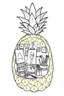 Placeholder: Pineapple Cozy Art Studio Coloring Page: A pineapple cross-section displaying an art studio. Features an easel, paint palettes, brushes, and artworks hung on the walls.