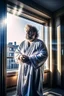 Placeholder: full figure shot photography of burly chubby turkish man 55 years old, at the windows in opened unfastened bathrobe , bulge, hands behind the head, emotive eyes, long beard, manly chest, curly hair, sharp focus, backlit, harsh overhead sunlight, ambient occlusion , photorealistic , frontal view