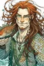 Placeholder: wet pirate nereid male with fish scale skin,and seaweed in long auburn hair