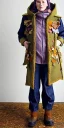 Placeholder: Image shows wholly a Brunette. average body type. Mantle is sewed of recycled Denim and sewed together of camouflage pieces. Camouflage colors are orange,terracotta, cream and purple. Cream latex gaiter. More yellow(Munsell)!!!Big bright purple/khaki felt tippet and cream or blue or lilac colored-hood. mantle is merged with satchel. . AKG-style headphones (gold rings!) is merged with small felt cap with small visor. Style: Haute Couture in 1936, Paris fashion in 2023.